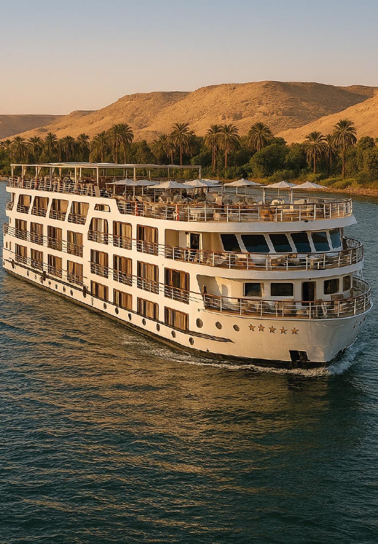 Crucero navegando por el río Nilo rodeado de palmerales y paisaje desértico