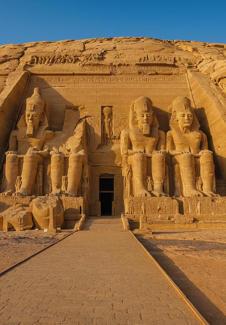 Fachada monumental del Templo de Karnak con sus columnas gigantes y relieves jeroglíficos
