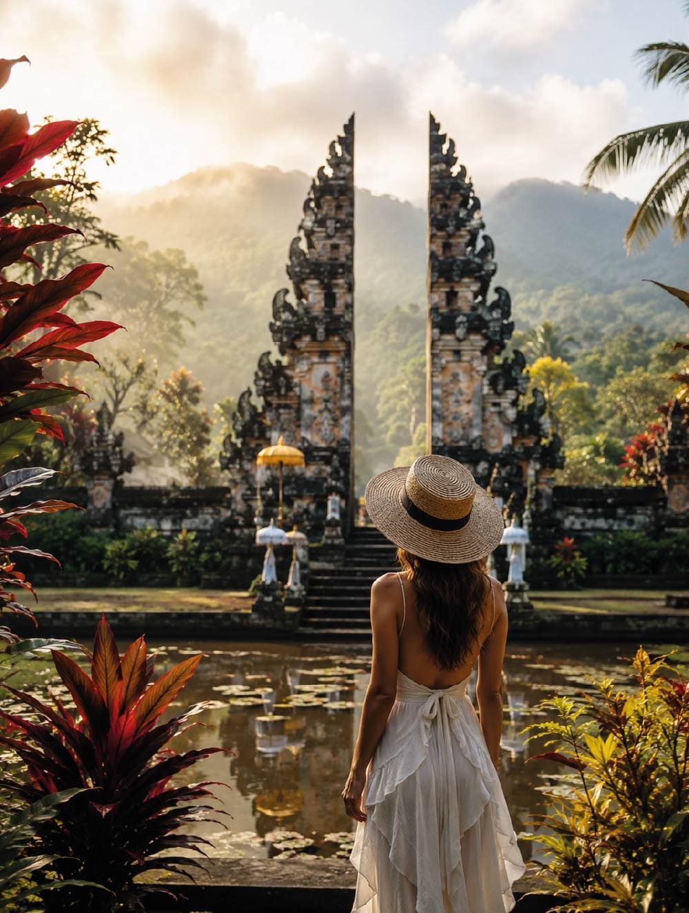 Templo hindú balinés durante un amanecer en Indonesia