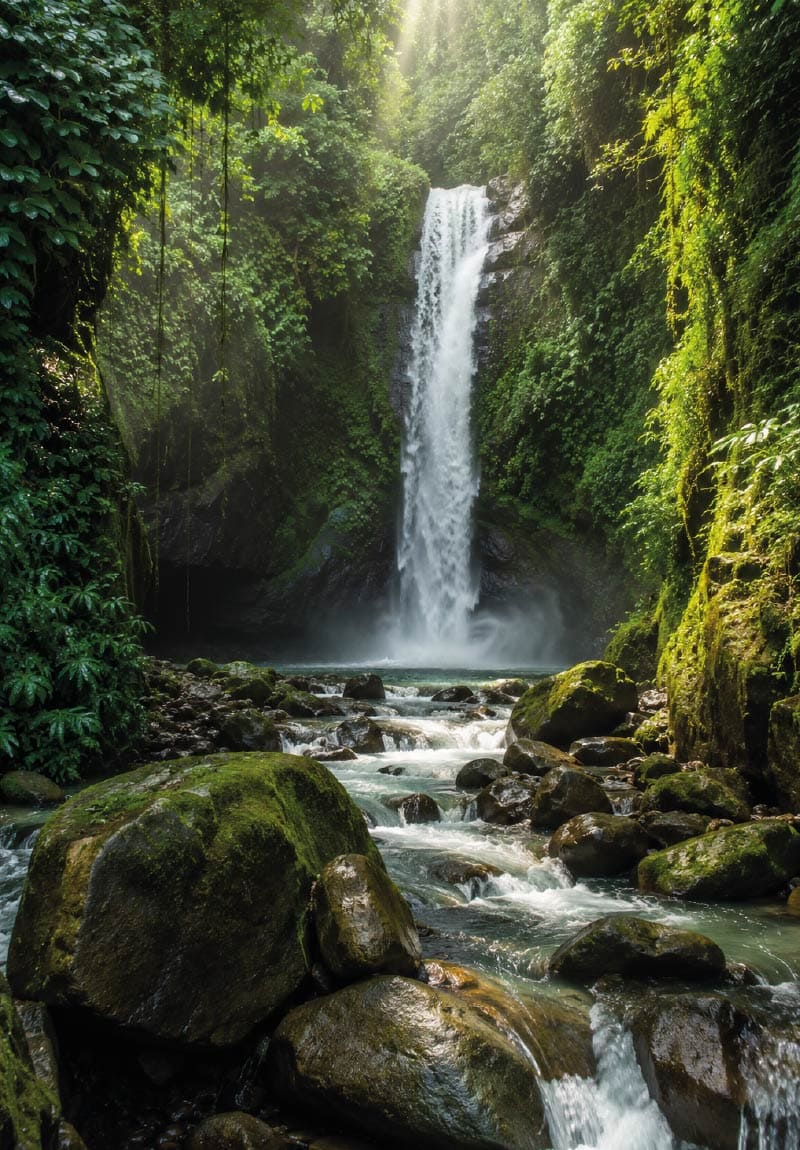 Cascada Tegenungan en Bali rodeada de vegetación exótica